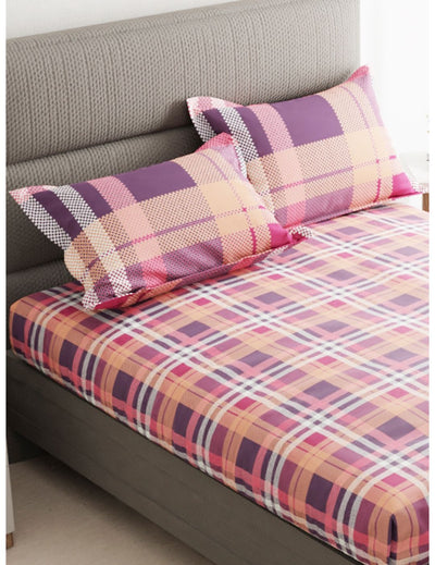 Soft 100% Natural Cotton Double Bedsheet With 2 Pillow Covers <small> (checks-coral pink)</small>