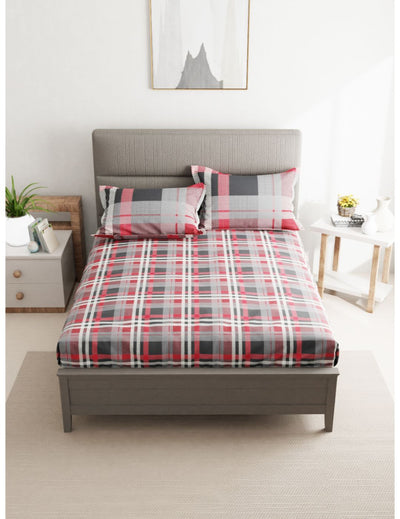 Soft 100% Natural Cotton Double Bedsheet With 2 Pillow Covers <small> (checks-grey/red)</small>