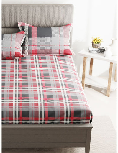 Soft 100% Natural Cotton Double Bedsheet With 2 Pillow Covers <small> (checks-grey/red)</small>