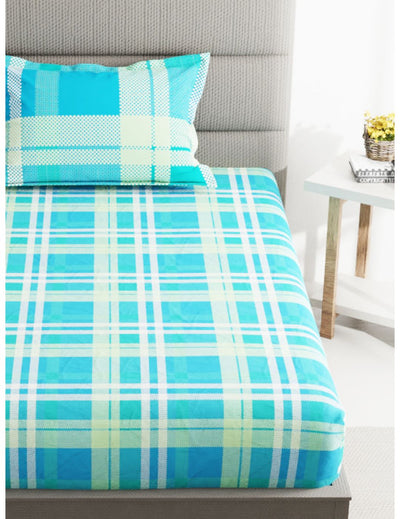 Soft 100% Natural Cotton Single Bedsheet With 1 Pillow Cover <small> (checks-turquoise)</small>