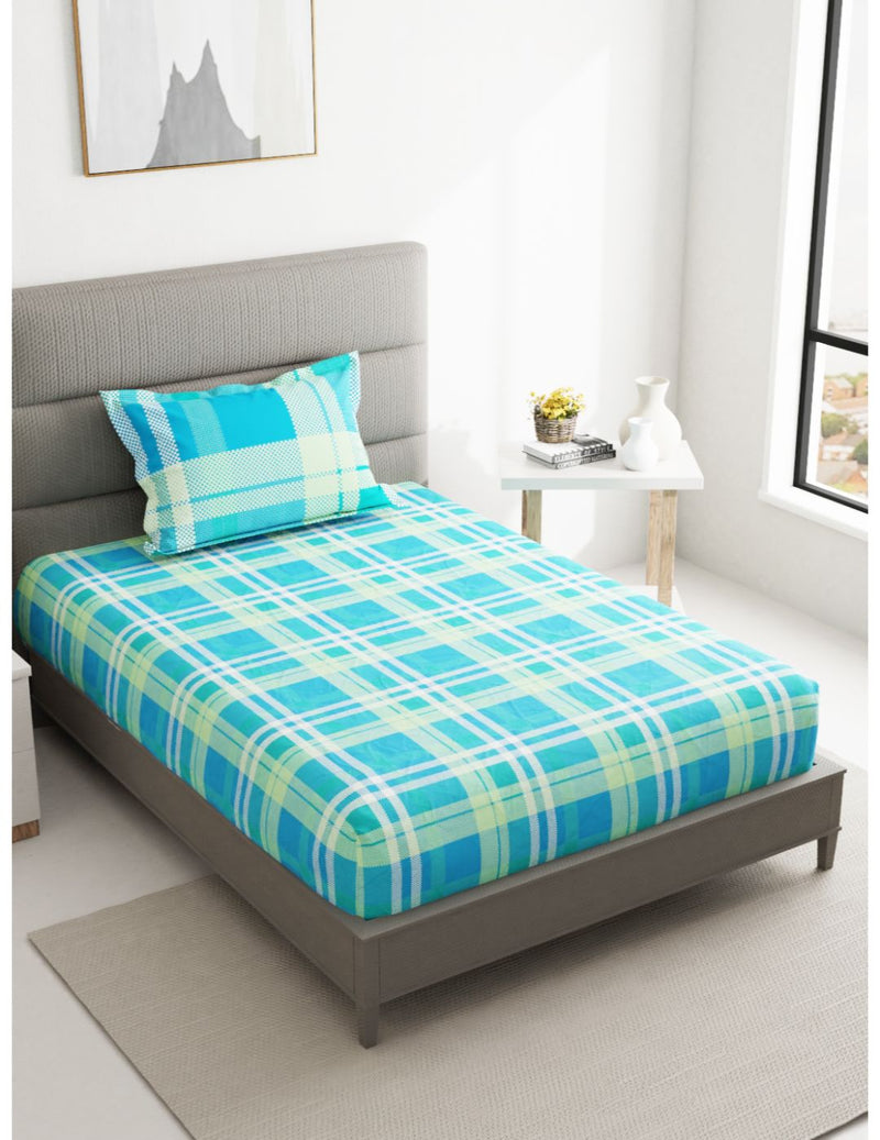 Soft 100% Natural Cotton Single Bedsheet With 1 Pillow Cover <small> (checks-turquoise)</small>