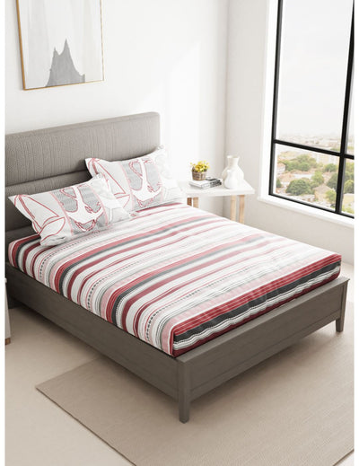 Soft 100% Natural Cotton Double Bedsheet With 2 Pillow Covers <small> (stripe-red/black)</small>