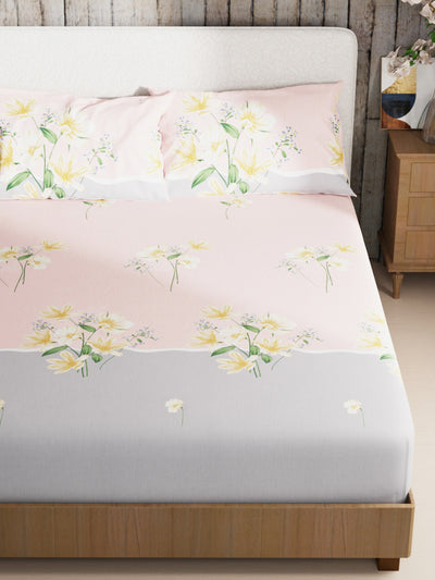 Bamboo Micro King Bedsheet With 2 Pillow Covers <small> (floral-pink/grey)</small>
