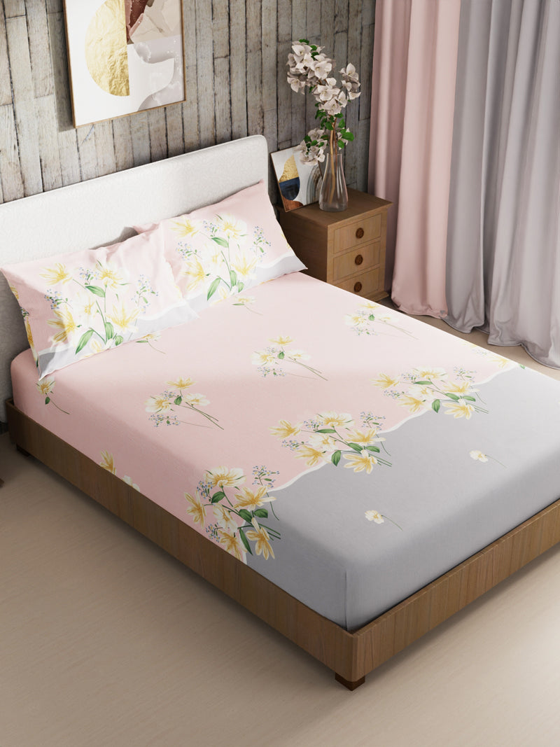Bamboo Micro King Bedsheet With 2 Pillow Covers <small> (floral-pink/grey)</small>