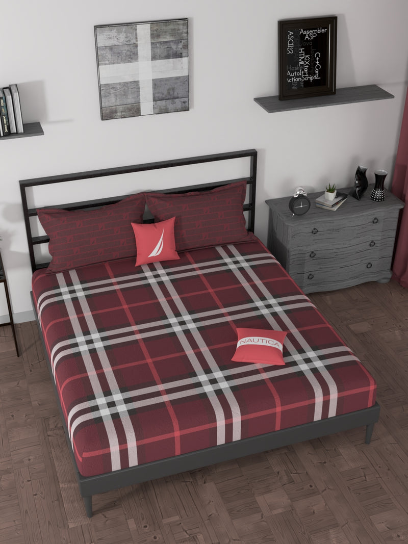 BEDSHEET 100% Premium Cotton Fitted King Bedsheet With Elastic Corners With 2 Pillow Covers <small> (checks-red)</small>