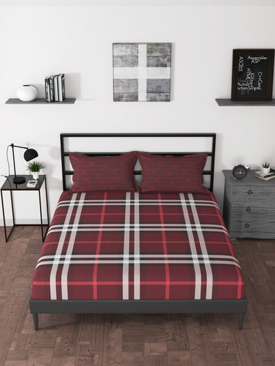 100% Premium Cotton Fitted King Bedsheet With Elastic Corners With 2 Pillow Covers <small> (checks-red)</small>