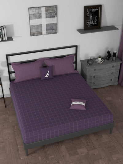 BEDSHEET 100% Premium Cotton Fitted King Bedsheet With Elastic Corners With 2 Pillow Covers <small> (checks-wine/purple)</small>