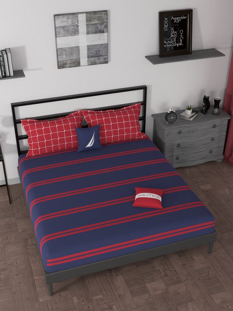 BEDSHEET 100% Premium Cotton Fitted King Bedsheet With Elastic Corners With 2 Pillow Covers <small> (stripe-blue/red)</small>