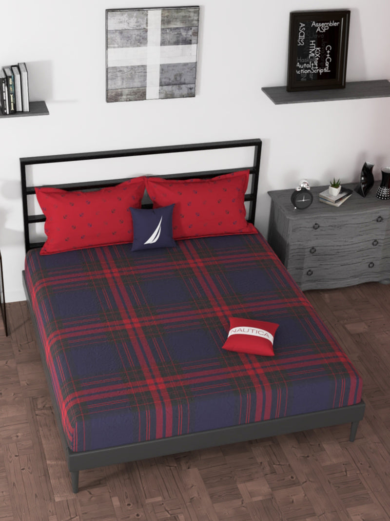 BEDSHEET 100% Premium Cotton Fitted King Bedsheet With Elastic Corners With 2 Pillow Covers <small> (checks-blue/red)</small>