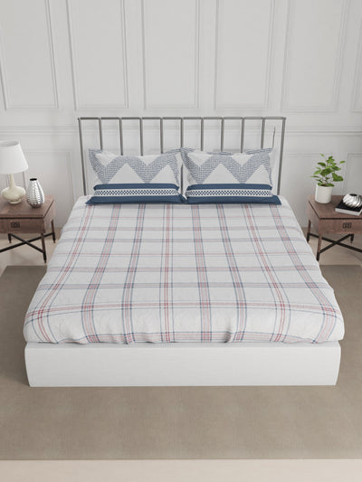 Super Fine 100% Egyptian Satin Cotton King Bedsheet With 2 Pillow Covers <small> (checks-blue/red)</small>