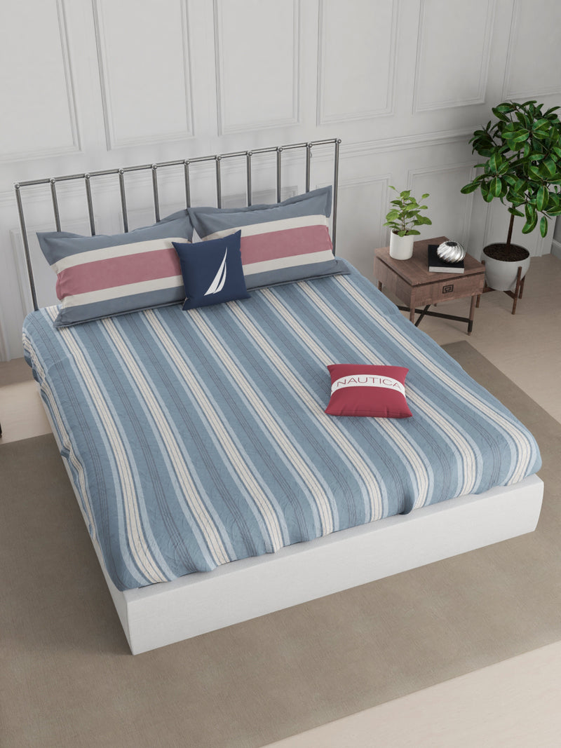 Super Fine 100% Egyptian Satin Cotton King Bedsheet With 2 Pillow Covers <small> (stripe-slate blue/red)</small>