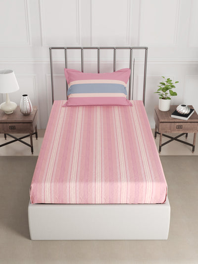 Super Fine 100% Egyptian Satin Cotton Single Bedsheet With 1 Pillow Cover <small> (stripe-peach/blue)</small>