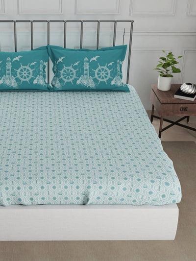 Super Fine 100% Egyptian Satin Cotton King Bedsheet With 2 Pillow Covers <small> (floral-turquoise)</small>
