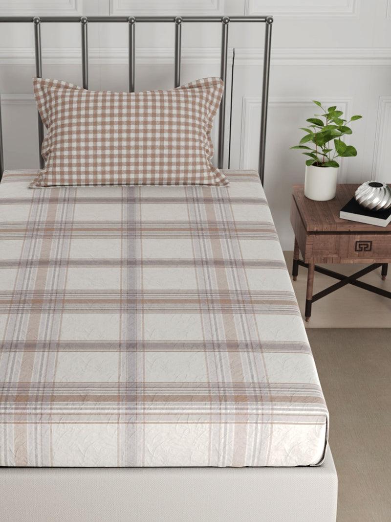 Super Fine 100% Egyptian Satin Cotton Single Bedsheet With 1 Pillow Cover <small> (checks-beige/brown)</small>