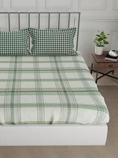 Super Fine 100% Egyptian Satin Cotton King Bedsheet With 2 Pillow Covers <small> (checks-sage/green)</small>