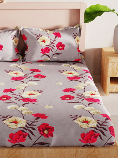 Bamboo Micro King Bedsheet With 2 Pillow Covers <small> (floral-grey/red)</small>