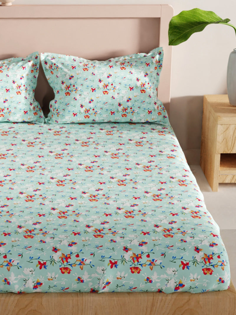 Bamboo Micro King Bedsheet With 2 Pillow Covers <small> (floral-blue/red)</small>