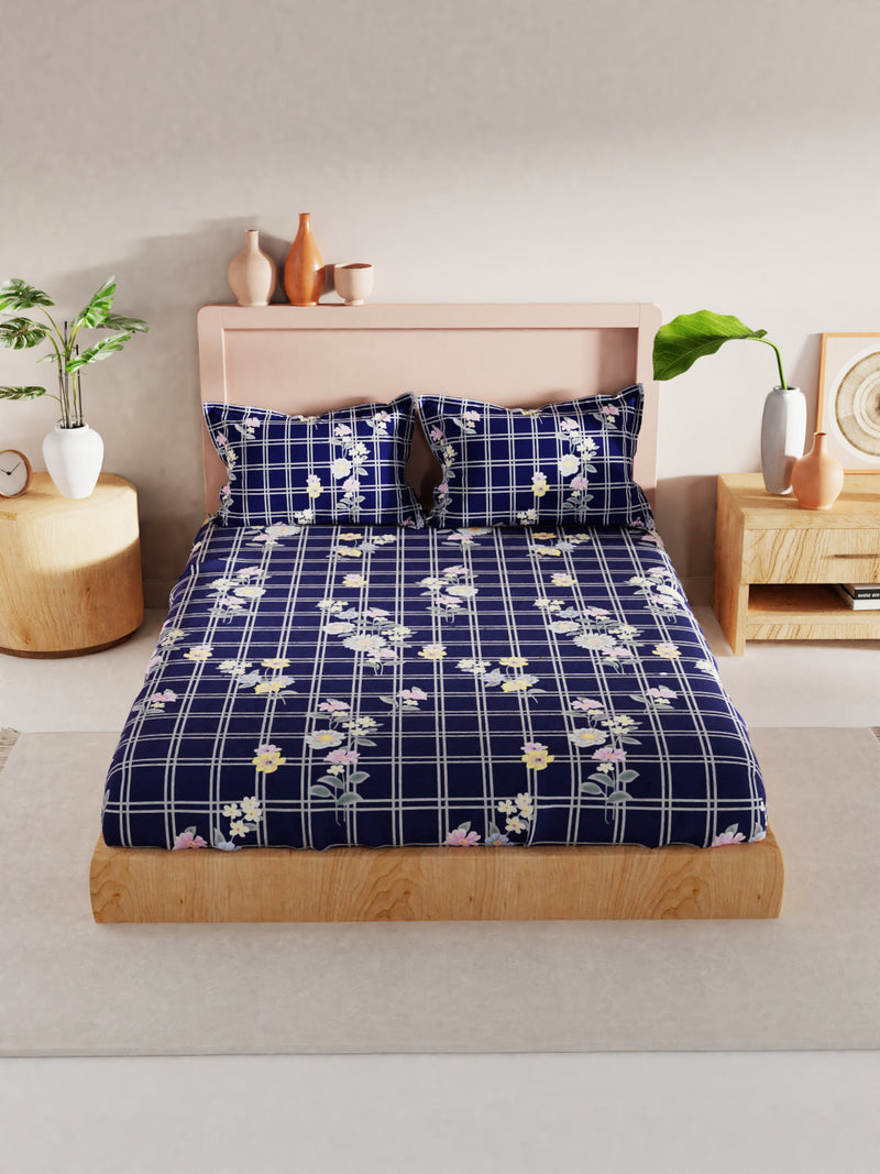 Bamboo Micro King Bedsheet With 2 Pillow Covers <small> (floral-royalblue/multi)</small>
