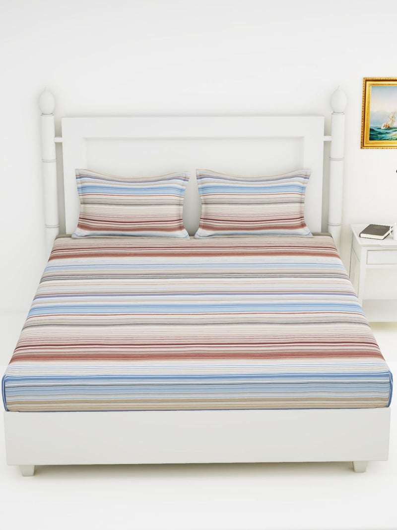 Soft 100% Natural Cotton King Size Double Bedsheet With 2 Pillow Covers <small> (stripe-blue/wine)</small>