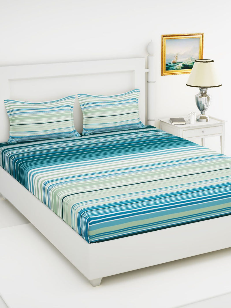 Soft 100% Natural Cotton King Size Double Bedsheet With 2 Pillow Covers <small> (stripe-sea blue/aqua)</small>