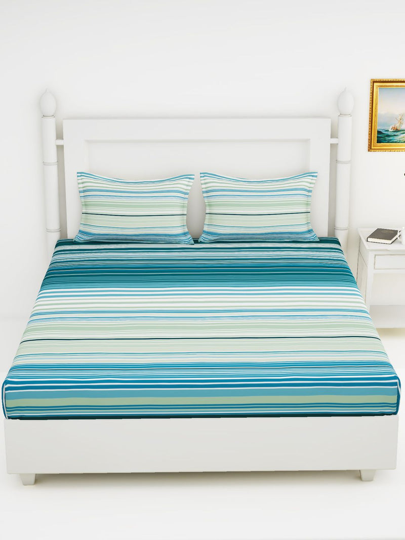 Soft 100% Natural Cotton King Size Double Bedsheet With 2 Pillow Covers <small> (stripe-sea blue/aqua)</small>
