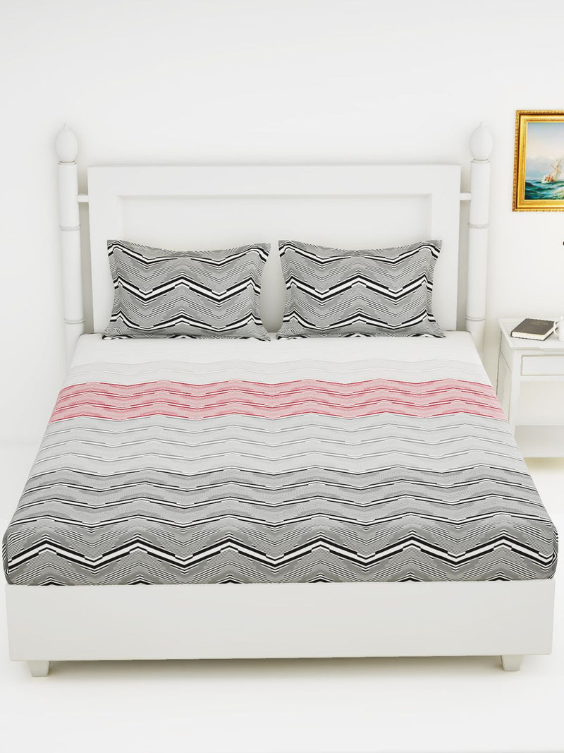 Soft 100% Natural Cotton King Size Double Bedsheet With 2 Pillow Covers <small> (stripe-grey/multi)</small>