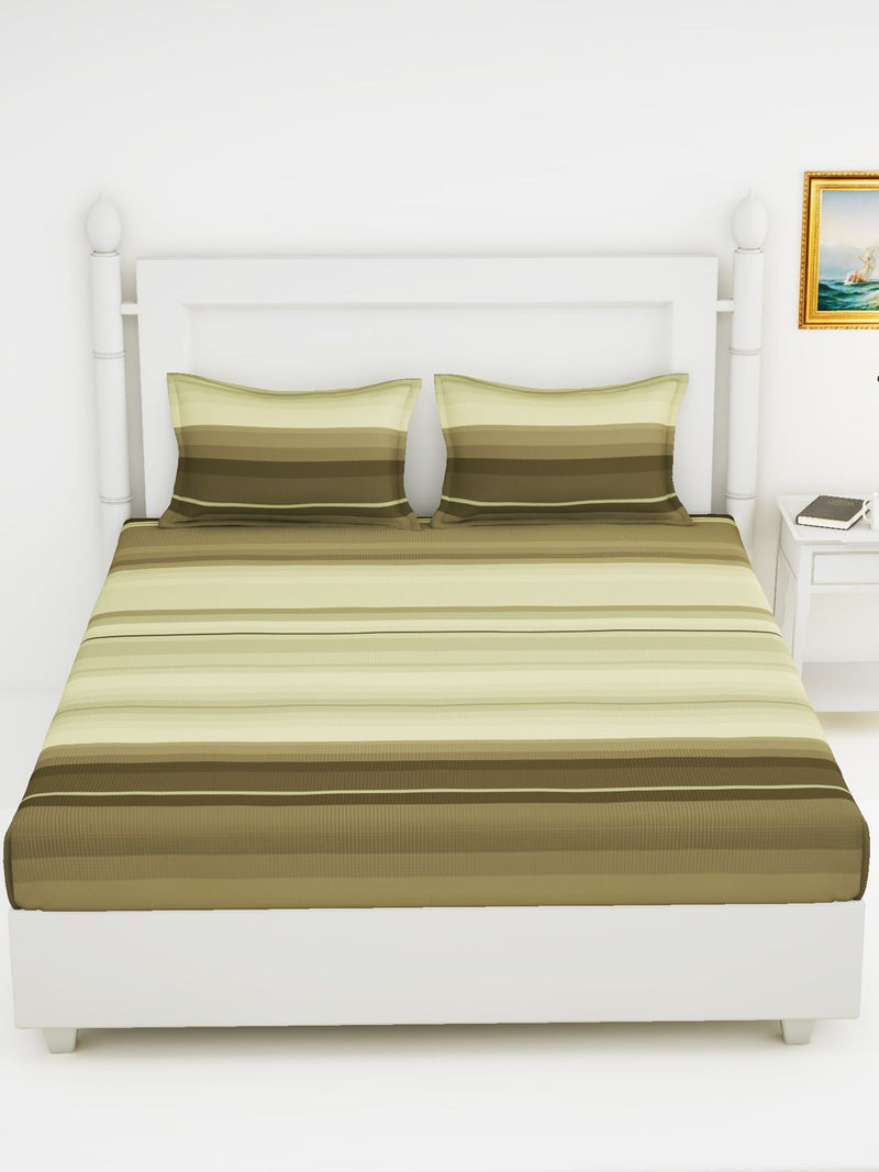 Soft 100% Natural Cotton King Size Double Bedsheet With 2 Pillow Covers <small> (stripe-khaki/brown)</small>