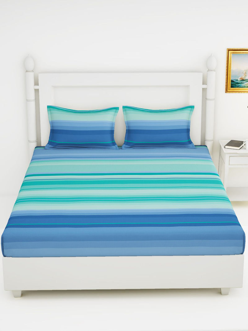 Soft 100% Natural Cotton King Size Double Bedsheet With 2 Pillow Covers <small> (stripe-blue/turq)</small>