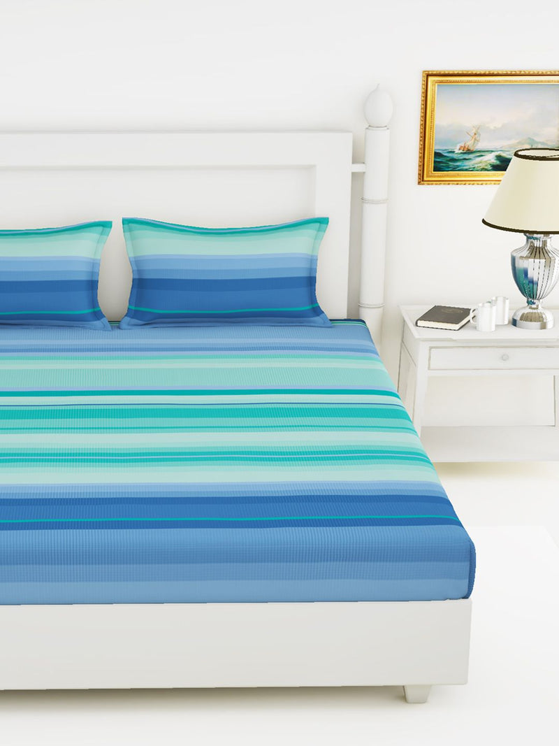 Soft 100% Natural Cotton King Size Double Bedsheet With 2 Pillow Covers <small> (stripe-blue/turq)</small>