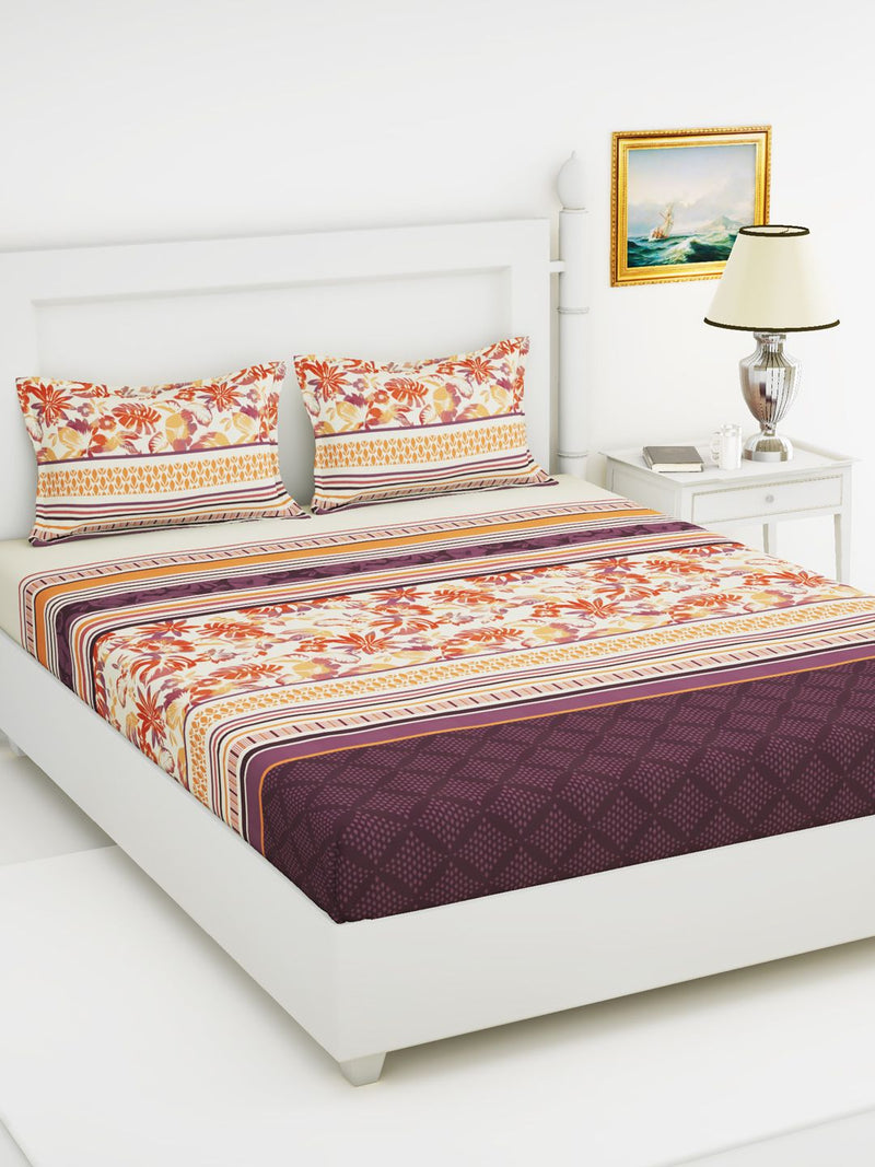 Soft 100% Natural Cotton King Size Double Bedsheet With 2 Pillow Covers <small> (stripe-orange/plum)</small>