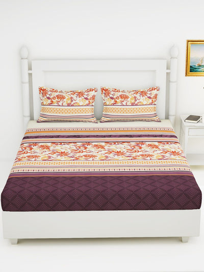 Soft 100% Natural Cotton King Size Double Bedsheet With 2 Pillow Covers <small> (stripe-orange/plum)</small>