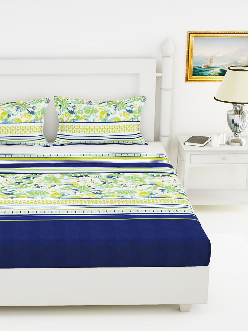 Soft 100% Natural Cotton King Size Double Bedsheet With 2 Pillow Covers <small> (stripe-green/blue)</small>