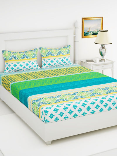 Soft 100% Natural Cotton King Size Double Bedsheet With 2 Pillow Covers <small> (stripe-blue/multi)</small>