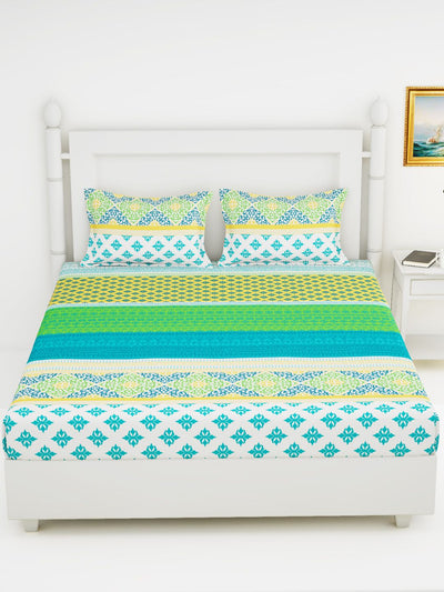 Soft 100% Natural Cotton King Size Double Bedsheet With 2 Pillow Covers <small> (stripe-blue/multi)</small>