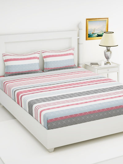 Soft 100% Natural Cotton King Size Double Bedsheet With 2 Pillow Covers <small> (stripe-red/grey)</small>