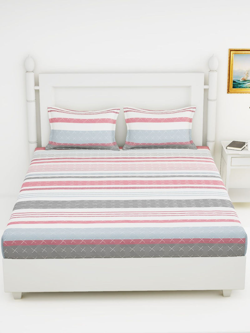 Soft 100% Natural Cotton King Size Double Bedsheet With 2 Pillow Covers <small> (stripe-red/grey)</small>