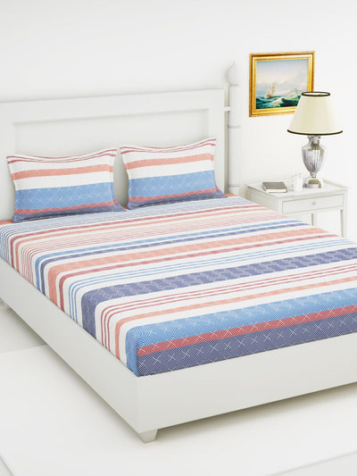 Soft 100% Natural Cotton King Size Double Bedsheet With 2 Pillow Covers <small> (stripe-red/blue)</small>