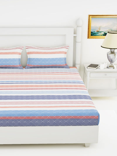 Soft 100% Natural Cotton King Size Double Bedsheet With 2 Pillow Covers <small> (stripe-red/blue)</small>