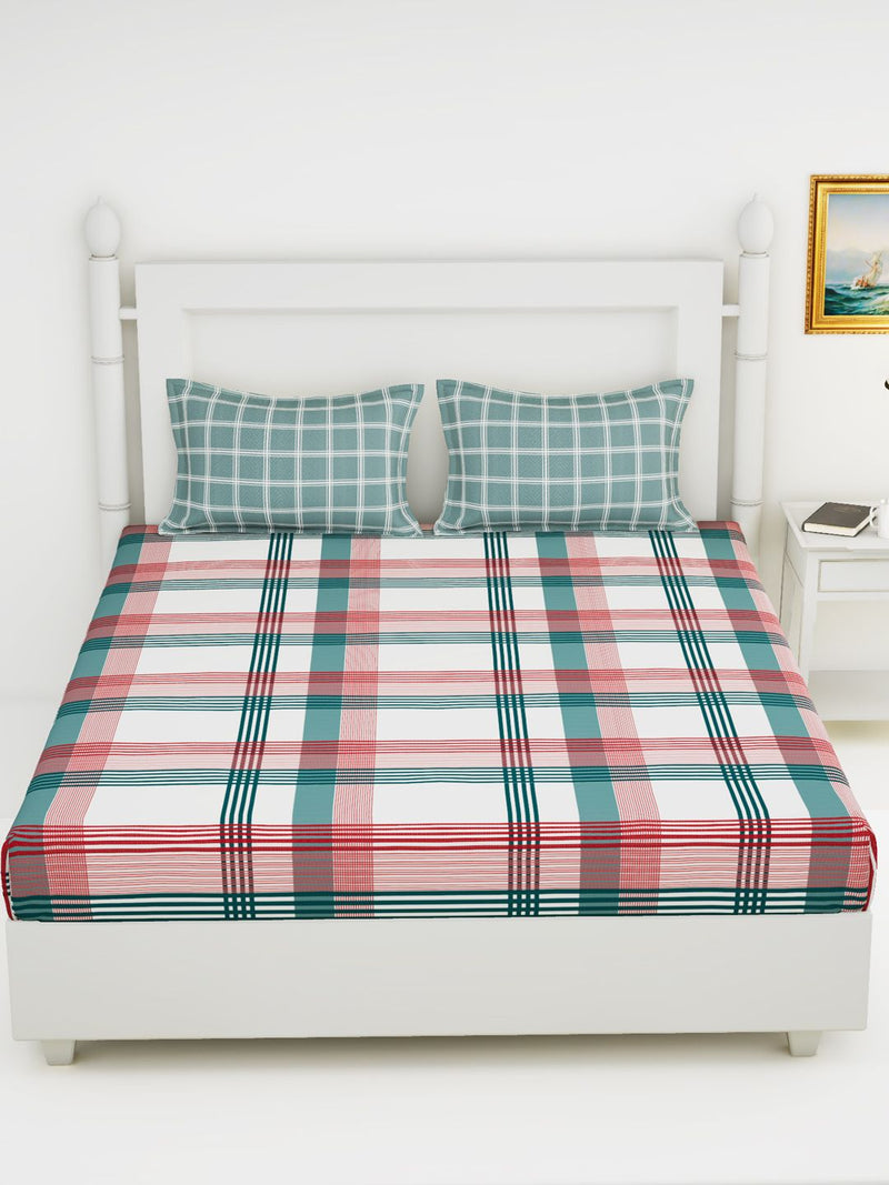 Soft 100% Natural Cotton King Size Double Bedsheet With 2 Pillow Covers <small> (checks-red/green)</small>