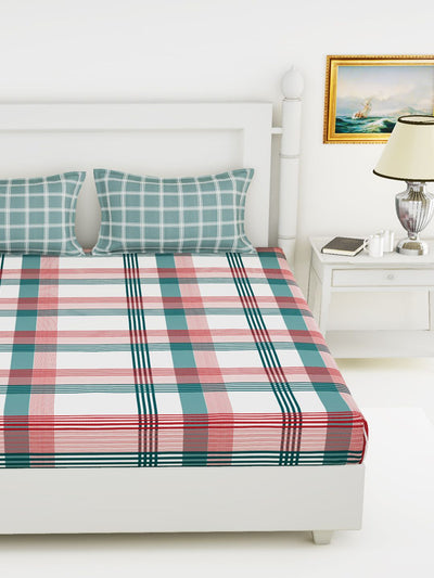 Soft 100% Natural Cotton King Size Double Bedsheet With 2 Pillow Covers <small> (checks-red/green)</small>
