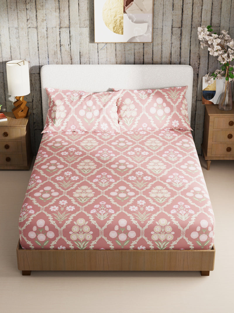 Bamboo Micro King Bedsheet With 2 Pillow Covers <small> (floral-coral)</small>