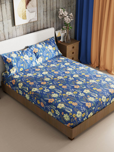 Bamboo Micro King Bedsheet With 2 Pillow Covers + 2 Pillows <small> (floral-blue)</small>