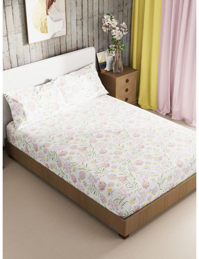 Bamboo Micro King Bedsheet With 2 Pillow Covers + 2 Pillows <small> (floral-wht/purple)</small>