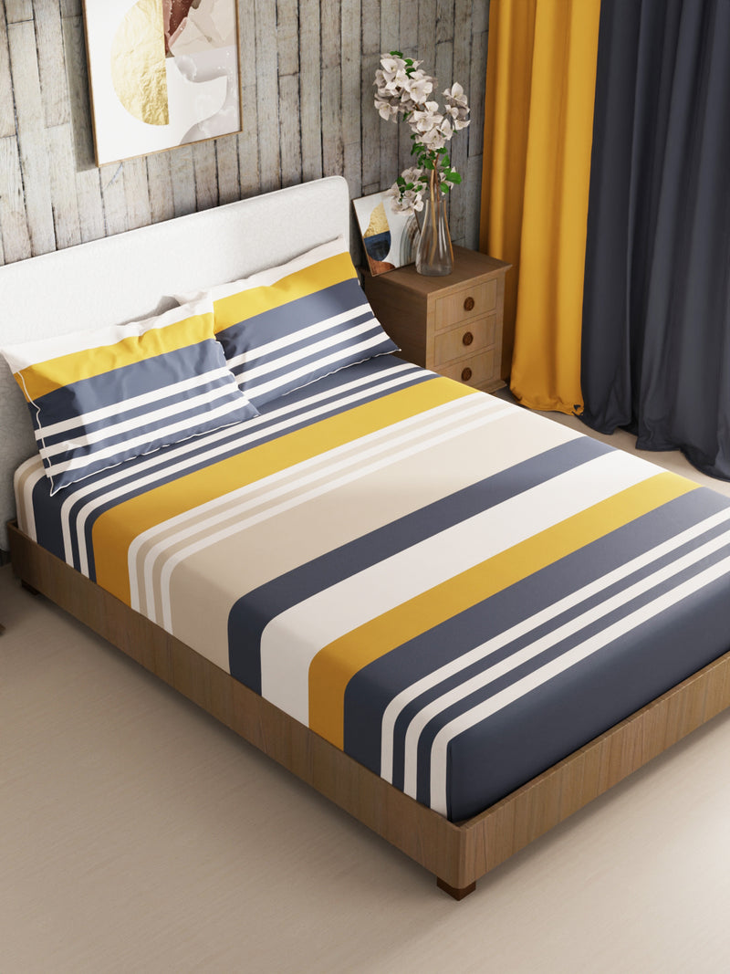 Bamboo Micro King Bedsheet With 2 Pillow Covers + 2 Pillows <small> (stripe-blue)</small>