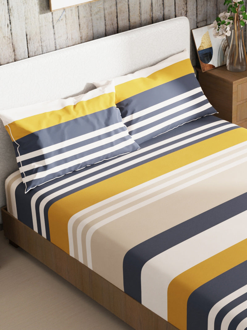 Bamboo Micro King Bedsheet With 2 Pillow Covers + 2 Pillows <small> (stripe-blue)</small>