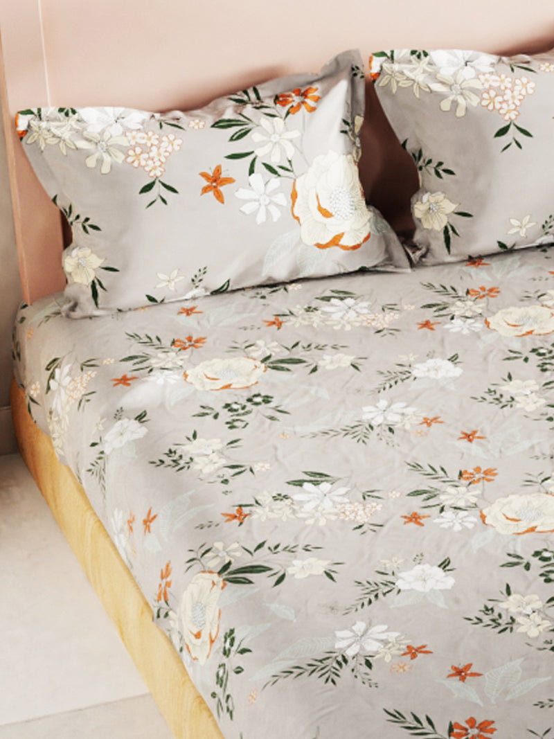 Bamboo Micro King Bedsheet With 2 Pillow Covers <small> (floral-lt.grey)</small>