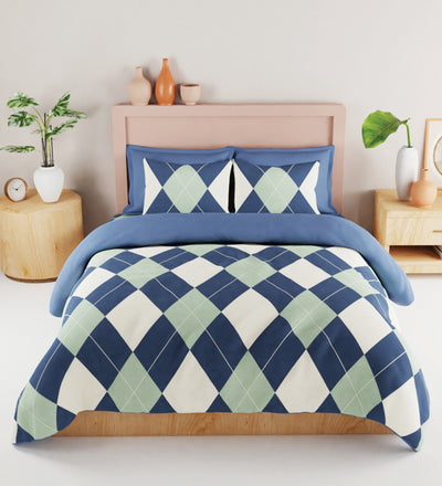 Bamboo Micro King Bedsheet With 2 Pillow Covers + 2 Pillows <small> (geometric-blue/sage)</small>