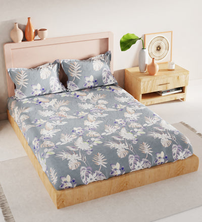 Bamboo Micro King Bedsheet With 2 Pillow Covers + 2 Pillows <small> (floral-grey)</small>