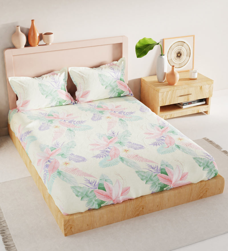 Bamboo Micro King Bedsheet With 2 Pillow Covers + 2 Pillows <small> (floral-beige)</small>