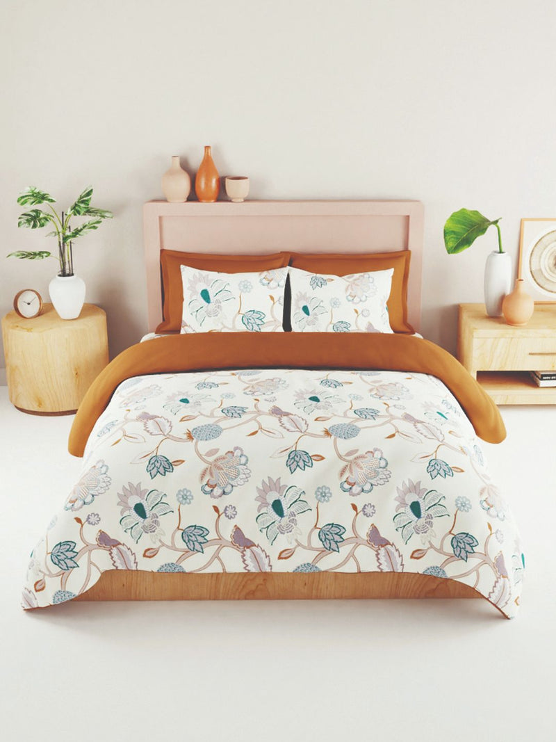 Bamboo Micro King Bedsheet With 2 Pillow Covers <small> (floral-ivory/teal)</small>
